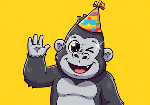 Joyful Gorilla Waving Hello in Vibrant Illustrated Style, Sunny Yellow Backdrop