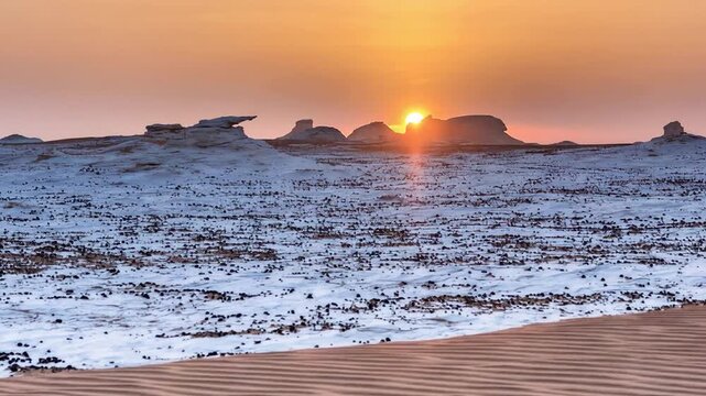 Egypt, White Desert at Farafra in the Sahara desert. Time Lapse. Sunset time.