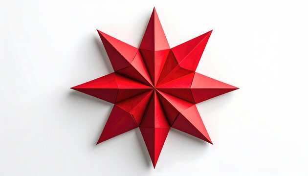 Geometric red starburst, folded paper art, eight-pointed symmetry