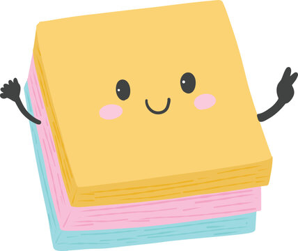 Cute kawaii cartoon yellow sticky note memo pad character with happy face for back to school education and learning concept - hand drawn illustration vector asset