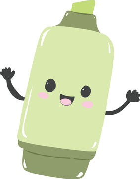 Cute kawaii cartoon green highlighter marker pen character with happy face for back to school education and learning concept - hand drawn illustration vector asset