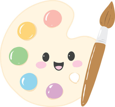 Cute kawaii cartoon artist paint palette with paintbrush character with happy face for back to school education and learning concept - hand drawn illustration vector asset