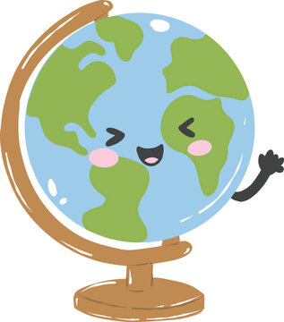 Cute kawaii cartoon geography world globe stand character with happy face for back to school education and learning concept - hand drawn illustration vector asset