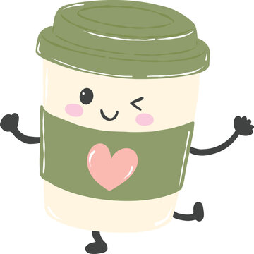 Cute kawaii cartoon takeaway drink coffee cup with lid character with happy face for back to school education and learning concept - hand drawn illustration vector asset