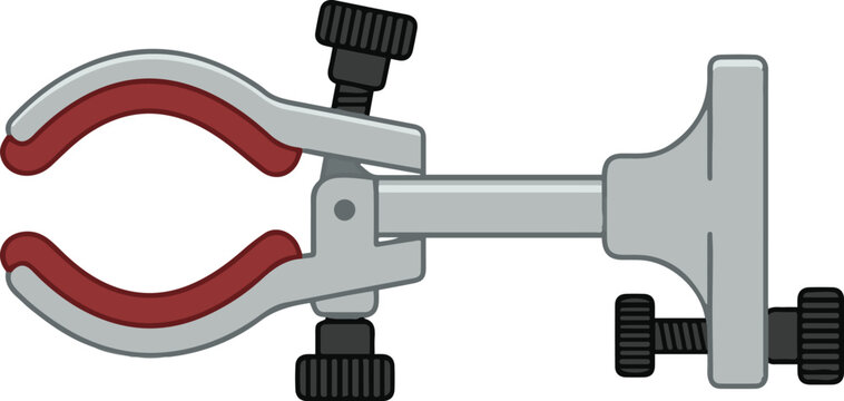 Flat vector illustration of a laboratory three-prong utility clamp attached to a retort stand, designed to securely hold glassware and scientific apparatus during chemistry and physics experiments.