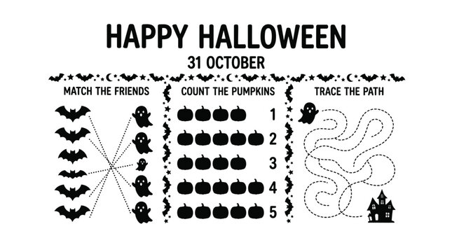 Decorative halloween activity worksheet featuring fun educational games for children in a clean vector graphic style