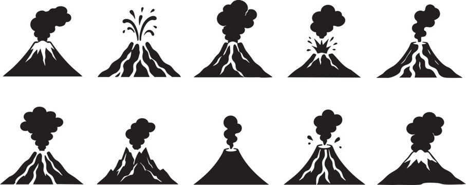 Volcano Silhouette Icon Set Collection, Erupting Mountain Symbols, Black Volcano Logo Vector Style Isolated on White Background