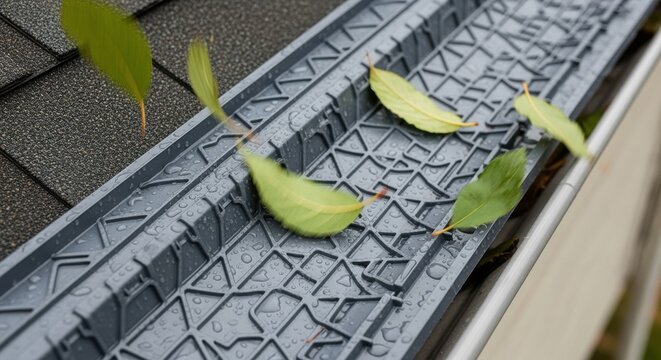 Highdefinition overhead shot showing realtime leaf impact and rolloff on the textured surface of snapin gutter guard.