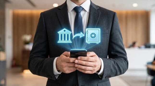 Businessman holding phone with digital banking hologram showing money transfer from bank to secure vault for financial management