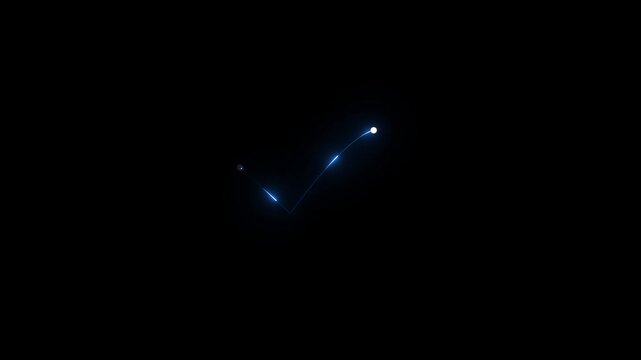 Checkmark symbol appears as a glowing white neon trail against a pitch black background creating a clean minimalist icon suitable for interface design and confirmation feedback in digital.