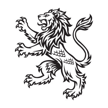 Heraldic lion rampant vector illustration black and white heraldry mascot isolated on white background.