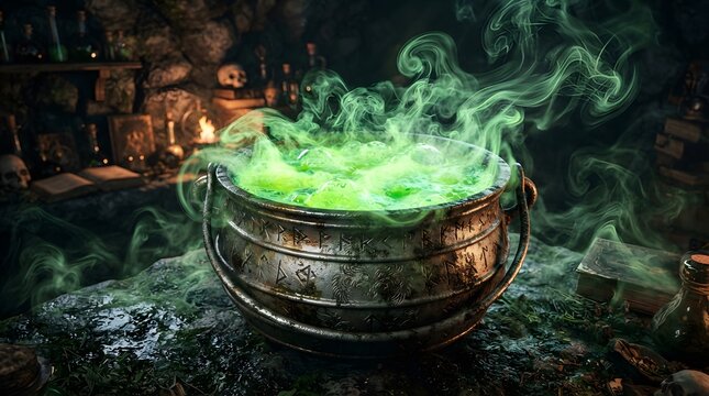 Witchs cauldron with bubbling green potion
