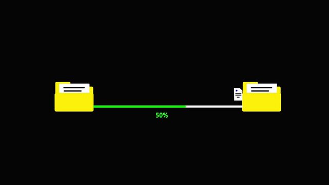 File transfer animation between two folders on transparent background. Documents moving along green progress line percent. Data migration and storage concept. Clean minimal UI design,4k..