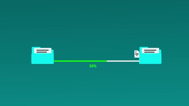 File transfer animation between two folders on transparent background. Documents moving along green progress line percent. Data migration and storage concept. Clean minimal UI design,4k..