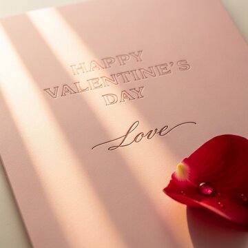 Soft pink Valentine's card with rose petal dew, bathed in warm light. Love.