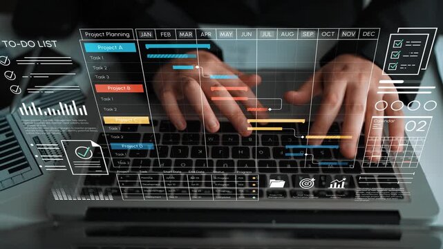 Modern Project Planning with Gantt Chart and To-Do List on Laptop, Close-Up of Hands Typing, Digital Planning Concept for Business Success. Entropy.