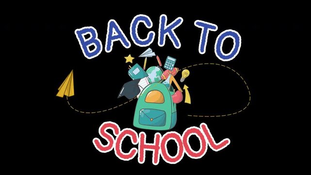Colorful back to school animated title graphic with backpack school supplies isolated on alpha channel background 4k video footage 19