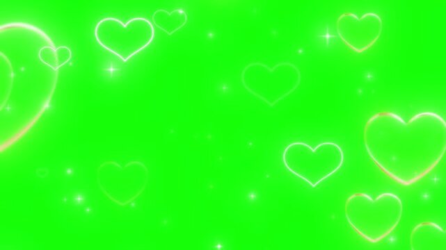 Floating glowing heart symbols rising against bright green screen background for romantic video editing projects with outlines shimmering sparkles