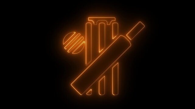 Glowing neon cricket icon isolated on black background. Motion graphics of cricket tools icon .4K