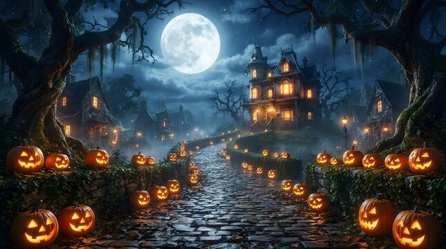 Haunted house path with glowing pumpkins