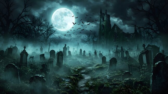 Spooky graveyard at night with full moon