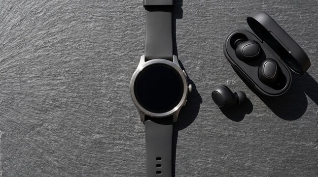 Modern smartwatch and wireless earbuds on dark slate background with sharp shadows, ideal for tech gadgets and fitness lifestyle.