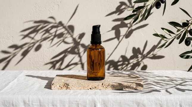 Amber glass serum bottle with pump on travertine stone pedestal with natural olive branch shadows for organic skincare branding.