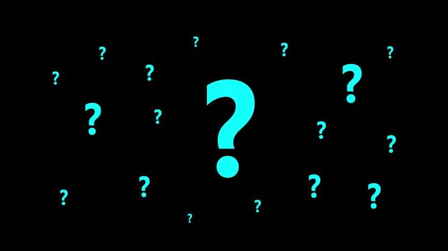 Question marks pop up - Alpha channel transparent PNG video. Cyan Question Mark Symbols Floating on Black Background, Curiosity, FAQ, Quiz, Help, Uncertainty, Mystery Concept Motion Graphics 4K.