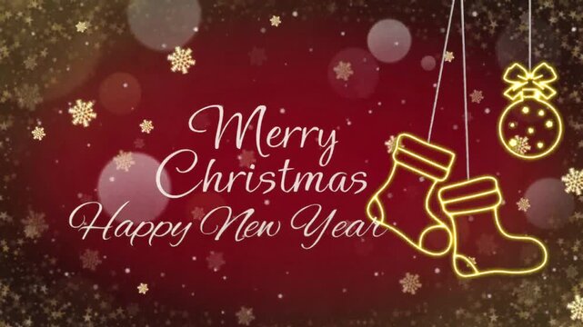 Animation white text marry Christmas Happy New Year on red background.