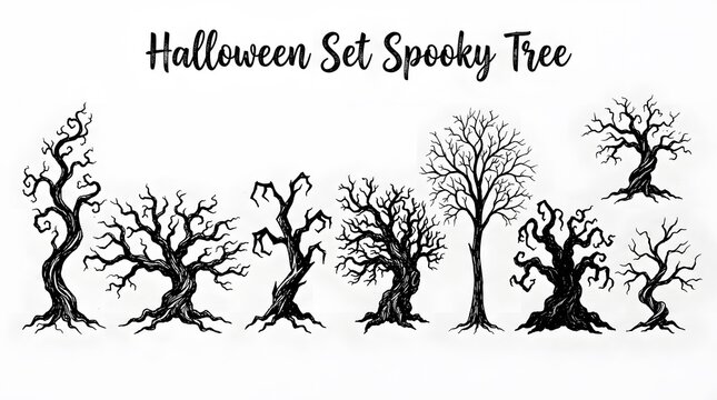 Halloween set spooky tree isolated on white background