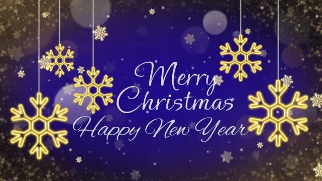 Animation white text marry Christmas Happy New Year on blue background.