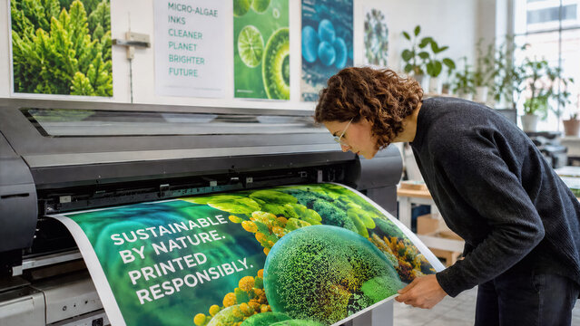 Graphic designer inspecting poster being printed with vivid eco friendly inks formulated from micro algae