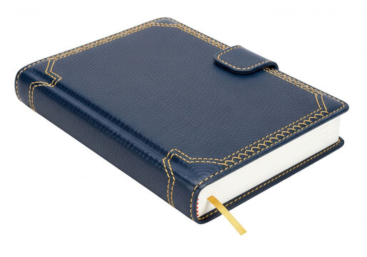 Luxury blue leather notebook with yellow stitching isolated on transparent background for professional stationery