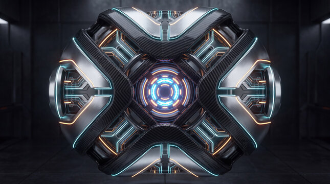 Futuristic Mechanical Energy Core With Glowing Blue And Orange Circuits
