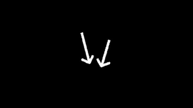 Hand drawn white arrow pointing downward motion graphic Stock footage ,chalk doodles and dashed directional pointers on black.