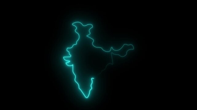Indian map icon with a glowing cyan neon effect on black background. Glowing outline silhouette effect on vector abstract illustration, 4K resolution.