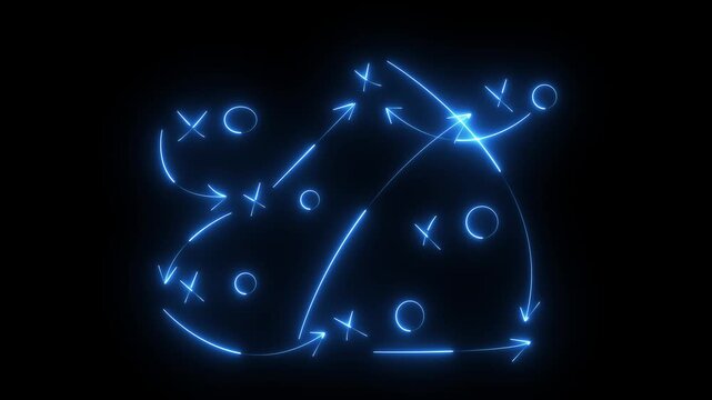 Glowing Neon American Football Strategy Play Animation with Tactical Arrows and Playbook Diagram on Black Background 4K Motion Graphics.