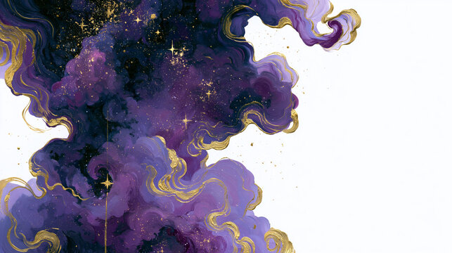 ゴールドの装飾と星が輝く紫と紺色の抽象的な雲のイラストレーション Illustration of abstract clouds in purple and navy adorned with gold and shining stars