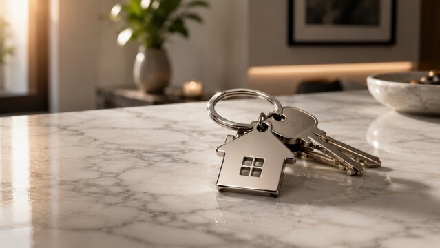 House key and property deed on marble countertop. Real estate ownership documents with modern home keychain for new homeowners.
