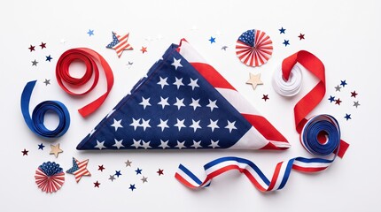 Obraz premium Folded American flag and red white and blue patriotic decorations