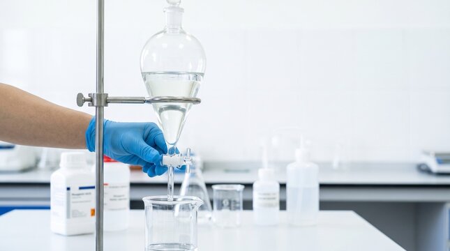 Scientist using separatory funnel for water analysis in laboratory