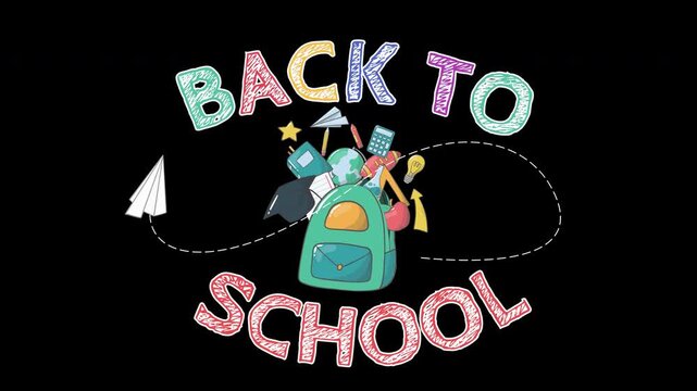 Colorful back to school animated title graphic with backpack school supplies isolated on alpha channel background 4k video footage 22
