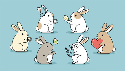 Fototapeta premium Delightful collection of six cute cartoon bunnies engaged in various playful activities like reading and tea party.
