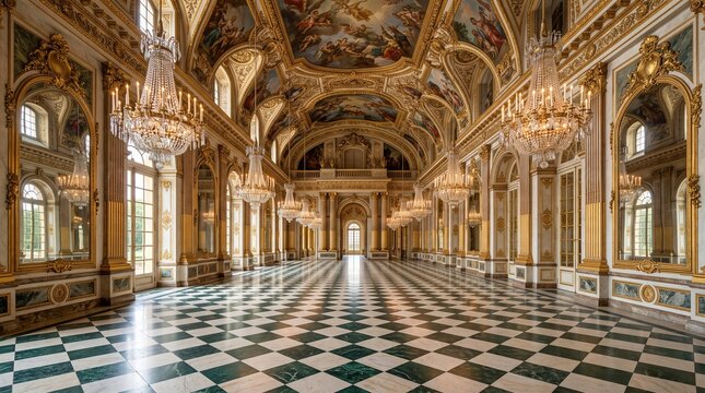 Opulent baroque palace ballroom with majestic crystal chandeliers, ornate gold carvings, and ceiling murals ideal for luxury themes.
