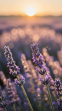 a sunlit lavender field with a golden sun setting behind, creating a dreamy, bokeh effect