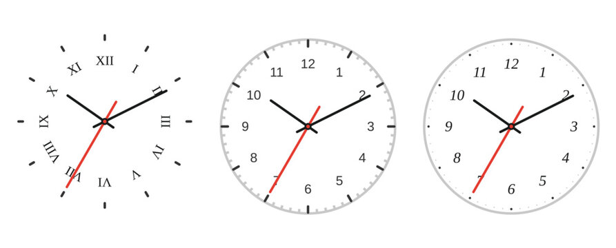 round wall clock face trio. analog dials with roman and arabic numerals. black hands and red second hand. minimal white timepiece collection
