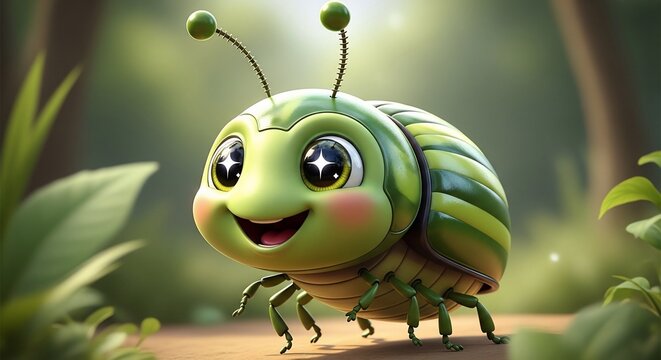 Enchanting 3D Render: Tiny Green Bug's Sparkly-Eyed Wonder in a Soft-Focus Forest Glow
