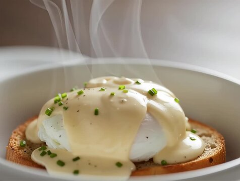 Velvety creamy sauce pouring in a smooth stream over a perfectly poached egg on toasted bread, steam gently rising, chives slightly shifting, close-up cinematic food video