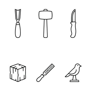 Set of Linear Woodworking and Wood Carving Tool Icons Featuring Chisels, Mallets, Knives, Rasps, and Hand-Carved Wooden Bird Sculpture