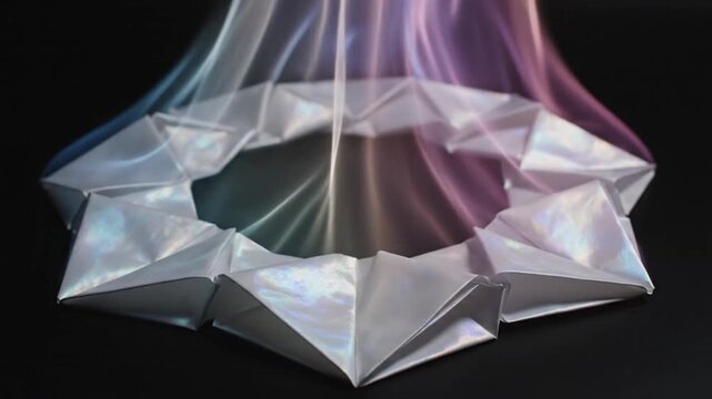 Iridescent folded origami border frame with swirling colorful light on black background
